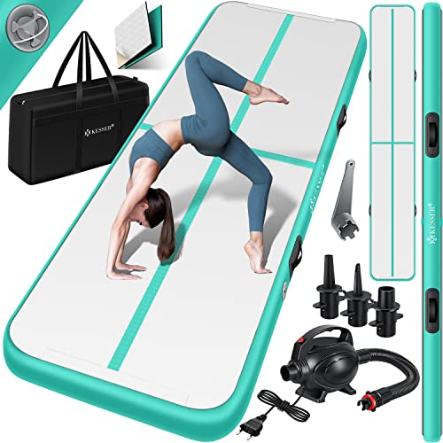 KESSER® Turnmatte Aufblasbar Airtrack Fitness-Matte Gymnastikmatte | inkl. Tragetasche & elektr. Luftpumpe | Yogamatte, Tumbling Matten, Trainingsmatte (Mint Grün, 600 x 100 x 10 cm)