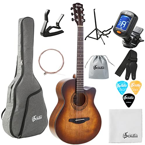 Soldin 40 Zoll Akustikgitarre Premium Massive Fichtendecke Guitarre Bundle Kit mit Gigbag,Gitarrenständer,Stimmgerät,Gurt,Kapodaster,Saiten,Reinigungstuch und Plektren (Kaffeebraun)
