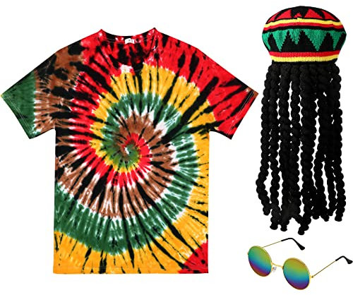 Rasta Kostüme Hut mit Dreadlock Perücke Batikfärbung T-Shirt für Männer Frauen Sonnenbrille Reggae Zubehör 3 Stück, Mehrfarbig, XX-Large