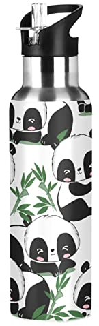 Panda Bamboo Leaves Bear Water Bottle Drink Flask with Straw Lid Insulated Stainless Steel Thermos Bottle for Boys Girls Gym Sports Leakproof 600 ml