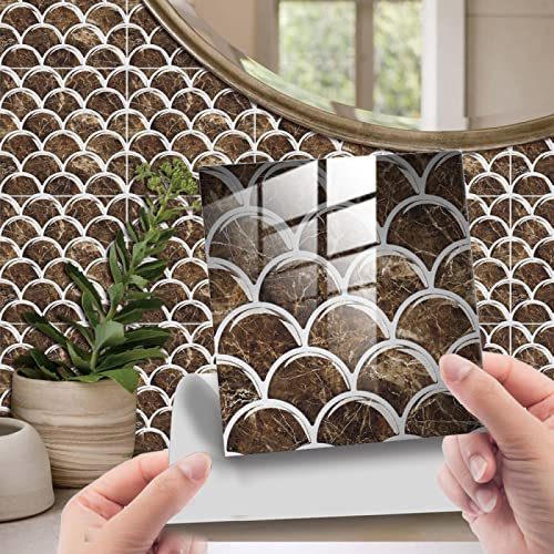 Tile Stickers Brown Fish Scales Stick on Tiles PVC Self Adhesive Wall Tiles Waterproof Bathroom Tile Stickers Oil Proof Kitchen Tile Stickers DIY Peel and Stick Floor Tiles25 PC(15x15cm)