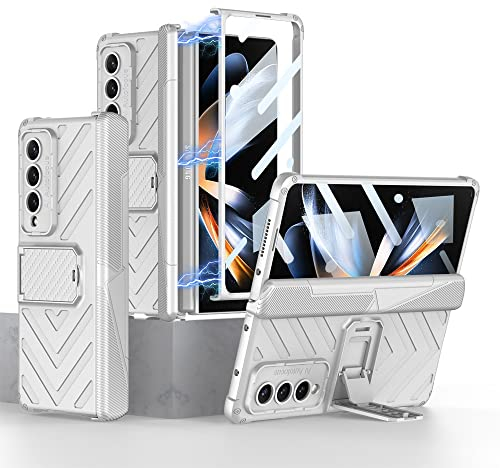 Miimall for Samsung Galaxy Z Fold 4 Case with Hinge Protection, [Kickstand] [Front Screen Protector] Anti-Drop Heavy-Duty Full Coverage Protective Magnetic Cover for Samsung Galaxy Z Fold 4-Silver
