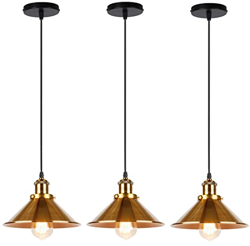 iDEGU 3 Stück Hängeleuchte, Industrielles Design, Edison-Deckenleuchte, E27, Kronleuchter, Retro, für Esszimmer, Küche, Wohnzimmer, Ø 22 cm (goldfarben, 3 Stück)