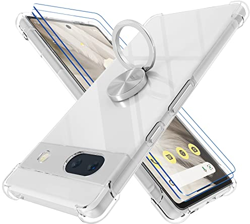STARRYNOVA Hülle Ringhalter Kompatibel mit Google Pixel 7a, Crystal Clear Handyhülle Silikon Vier Ecken Anti-Fall TPU Case 360 Grad Ständer Schutzhülle - Silberner Ring