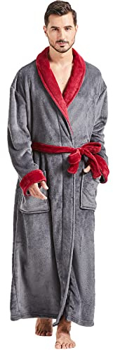 FashGudim Mens Robes Big and Tall Full Length Plush Fleece Long Robe for Men Bathrobe Shawl Collar Warm Winter House Robes (Grey/Red,5XL)
