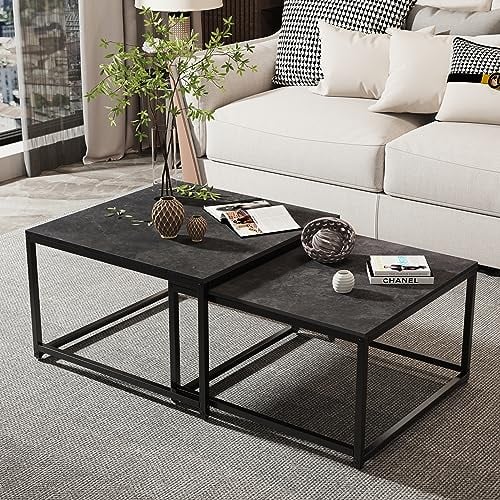 FATIVO Couchtisch Schwarz Marmor Wohnzimmertisch: beistelltisch 2er Set modern sofatisch quadratisch mit metallgestell für Wohnzimmer groß:65×65×40cm klein:60×60×34cm