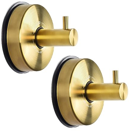 JOMOLA Gold Shower Hooks Suction Cup Towel Hooks for Bathroom Stainless Steel Suction Tea Towel Holder for Kitchen Sucker Hook for Glass Wall Vacuum Towel Hanger Brushed 2PCS