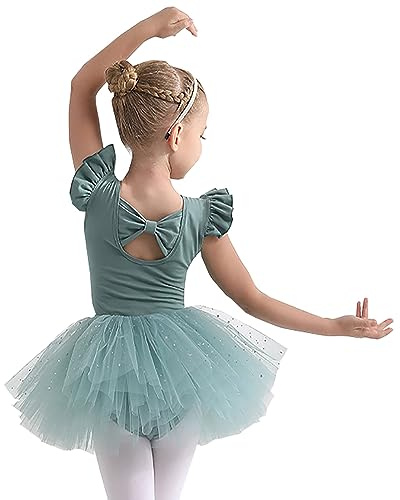 Girls Ballet Dress Ballet Leotard for Girls Gymnastics Dance Leotard with Chiffon Skirt Ballet Leotard Ruffle Cuffs Cotton Ballet Outfit Gymnastics Leotard Costume,120, Green