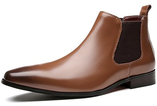 QAXZESA Botas Chelsea de cuero para hombre, botines formales sin cordones, botines clásicos de trabajo para boda,Brown-41