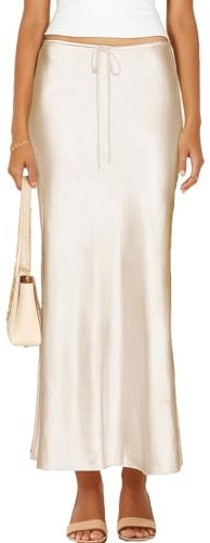 Skrtimory Womens Satin Silk Maxi Skirts Drawstring Casual A-Line Long Skirt