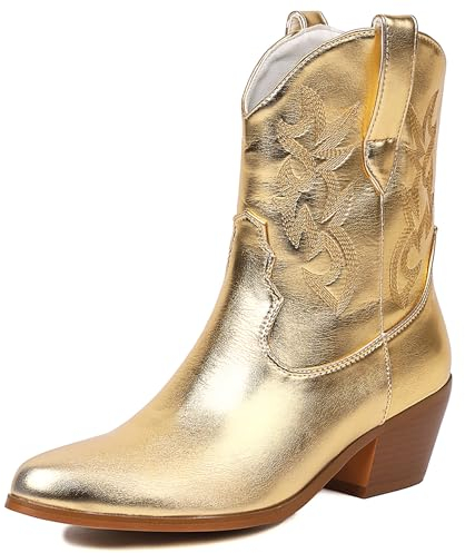 Stivaletti da Donna con Tacco Largo, Stivali da Cowgirl Almond Toe Tacco Medio Stivali Corti Senza Chiusura Ricamate, K12561Tr Oro Numero 50 EU