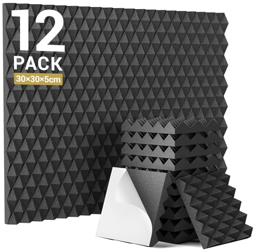 Lot de 12 Mousse Acoustique Auto-adhésive, TONOR Canaux Sonores Pyramidaux pour l'absorption des échos, 30×30×5 cm, pour Salle de Cinéma Maison, Studios d'enregistrement, Salles de Musique, Noir