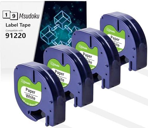 4x Msudoku 91220 Kompatibel mit Dymo LetraTag 12mm x 4m Etikettenband für 91200 S0721510 Paper White Schriftband für Dymo Letratag XR XM QX50 LT110T LT100H LT100T