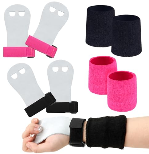 ZYNERY 2 Paar Turnen Griffpads mit 2 Paar Armbändern für Kinder, Gymnastikgriffe, Gewichtheben Gymnastik Sport Fitness Hand- und Handgelenkschützer Set für Mädchen Jungen Teenager (Schwarz + Rosa)