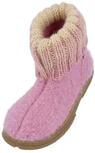 HAFLINGER Fidelius Yuki Kinder Hüttenschuhe aus Wollwalkstoff mit Gummisohle und Kragen Rosa (Puder 61), Gr. 33