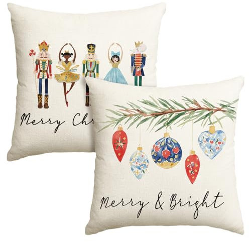 Artoid Mode Nutcrackers Leaves Bells Merry Christmas Cushion Covers Set of 2, 45x45 cm Decorative Pillow Case Cover Sofa Living Room Outdoor Decor