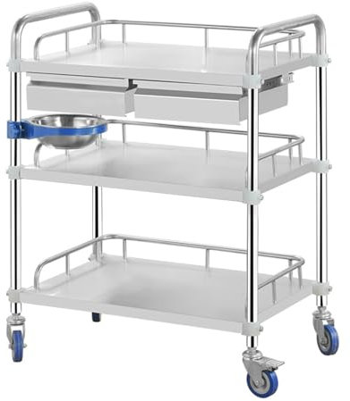 WXXSHGDW Laborwagen aus Edelstahl mit Rädern, 3-Lagiger Rollwagen Medizinisch mit Zwei Schubladen, Mehrzweckwagen aus Edelstahl, zur Verwendung in Krankenhäusern und Laboren(60x40x86cm/24x16x34in)