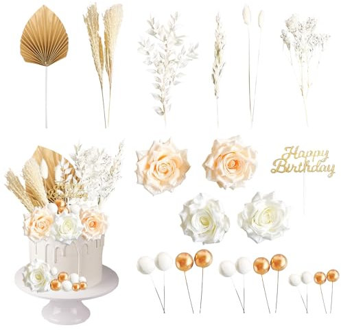 iewrtcin 25 PCS Gold Palm Cake Topper, Happy Birthday Cake Decorations, Boho Dried Flowers Ball Cupcake Toppers for Boys/Girls