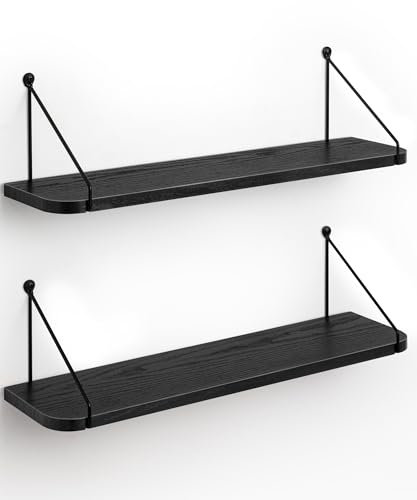 SUMGAR Black Floating Shelves for Wall Shelf Unit 60cm Long for Bedroom Bathroom Kitchen Wood Storage Organiser Modern Decorations Display for Living Room Office Home Rack Set of 2