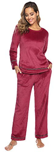 Sykooria Pigiama Donna Invernale in Pile Felpato - Maniche Lunghe, Flanella, Caldo e Morbido - S, Rosso