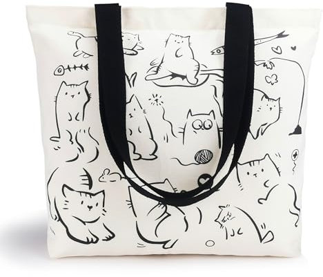 WIERAEM Borsa Shopper Stoffa Donna Tote Bag Tela Aesthetic Borse Canvas Cotone con Cerniera e la Tasche Borse di Tela Shopping Riutilizzabili per la Spesa (Beige-Gatto)