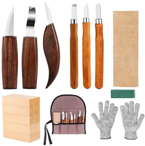 20 Piezas Juego Herramientas de Talla de Madera, Tallar Madera Gubias para adultos y niños principiantes, Juego de Cuchillos de Tallado con Bloques de Madera Guantes Resistentes