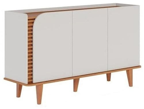 ACTUAL DIFFUSION Buffet Bas 3 Portes 5 Niches Blanc et Chêne 5 Pieds Bois L 136 H 79.2 P 39.3 cm