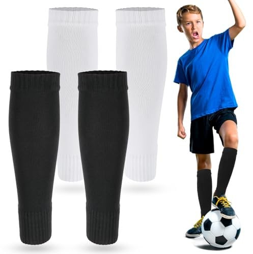 Tyqour 2 Paar Stutzen Kinder Fußball, Unisex Stutzen Ohne Socken, Fußball Sleeves Tubes Sportsocken Weiß Schwarz Fussball Socken Kinder Atmungsaktive Football Socks für Anfänger und Jugendliche