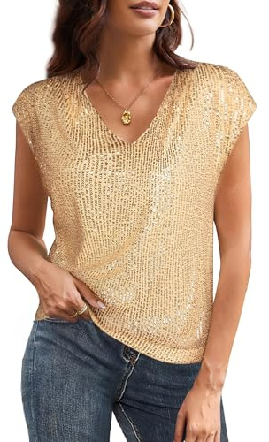 Damen Glitzer Shirt Kurzarm Oberteile Glänzend Pailletten Tops Elegant Festlich Tunika Bluse Weihanchten Party Golden Gelb M
