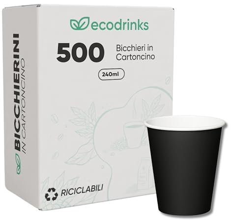 ecodrinks - 500 Bicchieri Carta - Per Acqua, Cocktail, Bevande Calde e Fredde - Biodegradabili, Eco-friendly e Made in Italy (Nero, 240ml)