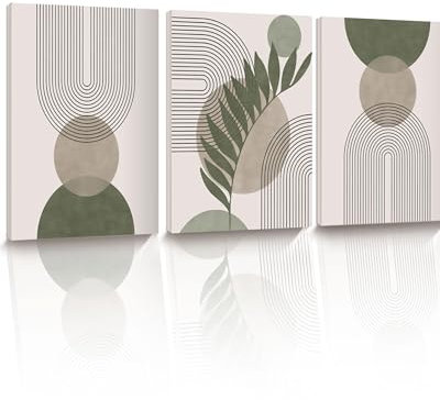HesenDot 3er Set Boho Wandbilder 30x40cm, Abstrakte Grün Leinwanddrucke mit Rahmen, Minimalistische Geometrie Poster Wanddeko, Moderne Kunst Dekoration für Wohnzimmer Schlafzimmer Flur Bad Büro