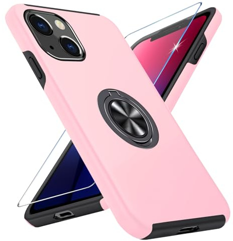 Vaki for iPhone 13 Case with Screen Protector, Military-Grade Drop Shockproof Tested Rugged Cover 360° Metal Magnetic Ring Holder Kickstand Phone Case for iPhone 13 5G (Pink)