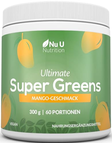 Super Greens | Mango | Polvere 300g – 17 Ingredienti Superfood Attivi – 60 Porzioni – Con Inulina, Spirulina, Clorella, Radice di Maca – 100% Vegano – Nu U Nutrition