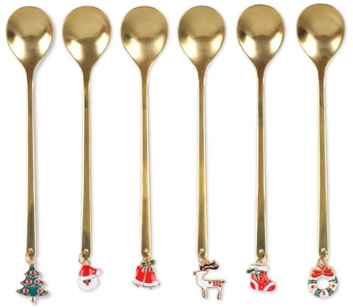 6 Stück Weihnachtslöffel Set, Edelstahl Teelöffel, Weihnachten Style Kaffeelöffel, Kleine Dessertlöffel für Kaffee, Tee, Dessert, Eiscreme Party Tischdekorationen (Gold-pendant)