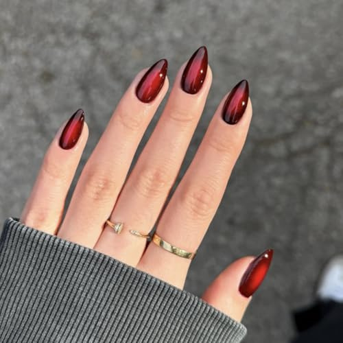 SXVME French Press on Nails Almond, Gradient Black Red False Nails Medium, Blush Ombre Fake Nails Nails Press ons, Goth Dark Soft Gel Stick on Nail for Women Halloween, 24 Pcs