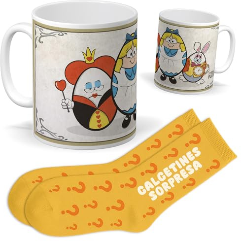 mundohuevo Set regalo personalizado para frikis | Taza Alicia en el país de las maravillas + Calcetin sorpresa | Regalo personajes, cine, series, televisión... divertido y original.