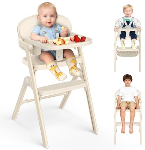 PAMPORPET Hochstuhl Baby +Sitzkissen, Verstellbarer Kinderhochstuhl Mitwachsender für Baby 6 Monate - 99 Jahre, bis 90 KG, mit 5 Punkt Schrittgurt, Kinderstuhl Klappbar mit Essbrett-Ergonomisch