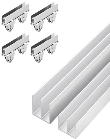 Kit de riel para puerta corredera de cristal, riel guía de aluminio de doble canal con rodillos silenciosos para vitrinas y armarios