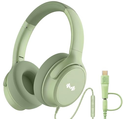 MartiAudio Wired Over-Ear Headphones with Microphone, USB-C Headphones with 3.5mm Adapter, Noise-Isolating Ear Cups, in-Line Controls for Work, Study, Music, and Travel(Green)