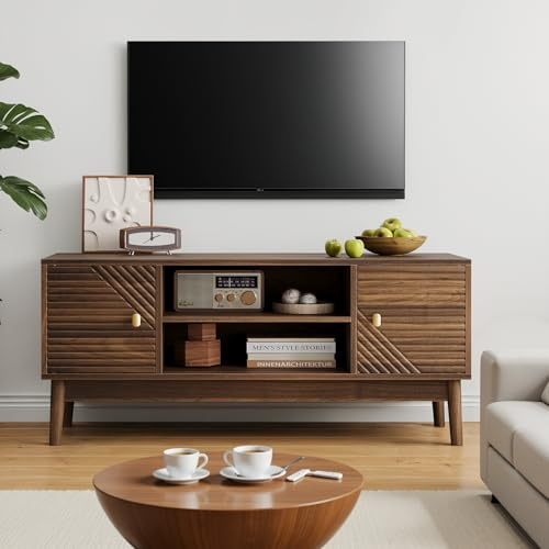 ZKLOEP Mid-Century Modern TV-Ständer 110 cm für 32/45 Zoll Fernseher, Entertainment-Center mit Stauraum, Medienkonsolentisch für Wohnzimmer und Schlafzimmer,Walnuss