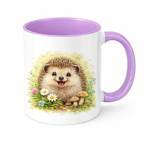 Brew Crew Gifts Cute Hedgehog Mug, Watercolour Woodland Animal Ceramic Coffee Cup, Nature Lover Gift, 11oz (Lilac)