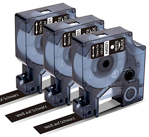 Markurlife Etikettenband als Ersatz kompatibel mit DYMO D1 45021 Weiß auf Schwarz 12mm Beschriftungsband für DYMO LabelManager 160 280 210D 420P, Labelpoint 150 250 (12 mm x 7m, 3 Packungen)