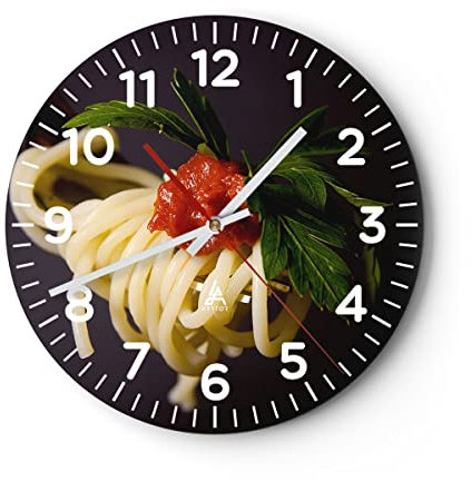 Modern Wanduhr Italien Pasta Spaghetti 30x30cm Rund Klein Wand Uhr Glas Analog Zimmeruhren Küche Büro Wohnzimmer Glasuhr Wall Clock Dekoration Design Wanddekoration Küchenuhr C4AR30x30-1307