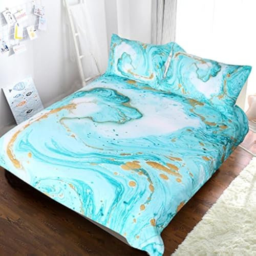 BlessLiving Chic Girly Marble Duvet Cover Mint Gold Glitter Turquoise Bedding Comforter Set Abstract Aqua Teel Blue Duvet Cover(Double)