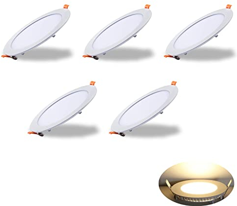 Panel LED Plafon Techo 12W Superficie Downlight Redondo Ultradelgado Slim Blanco cálido 3000K 960Lm con Transformador Luz Empotrable Equivale a 70W 220V No-regulable Pack de 5