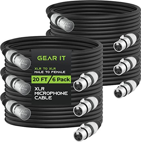 GearIT XLR Microphone Cable (20 Feet, 6-Pack) Male to Female 3-Pin Balanced Shielded Cable for Mic Mixer, Recording Studio, Podcast - Black, 20ft