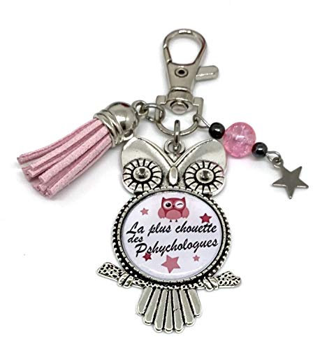 Porte clés La plus Chouette des Psychologue, pompon, perles hématites