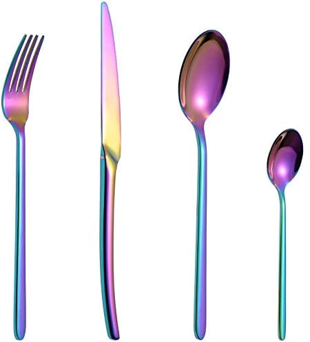 16 Piece Rainbow Cutlery Set, Stainless Steel Flatware Silverware Sets with Knives/Forks/Spoons/TeaSpoons, Service for 4, Mirror Polished,Rustproof,Dishwasher Safe New WD (Rainbow, 16)