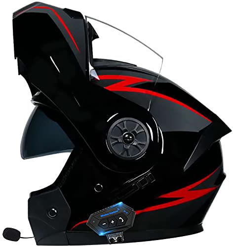 Bluetooth-Helm Motorrad Integrierter, Integralhelm Geschlossenen ECE-geprüft für Damen Herren, Sturzhelm Anti-Fog-Doppelspiegel Die Windgeräusche Funk Sprechanlage 55~62CM