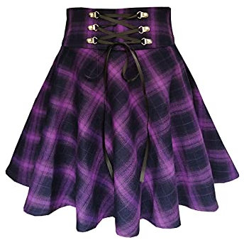 TONCHENGSD Damen Gothic Punk Plaid Plissee Hohe Taille Kurz A-Linie Flare Mini Rock, Lila kariert, X-Groß